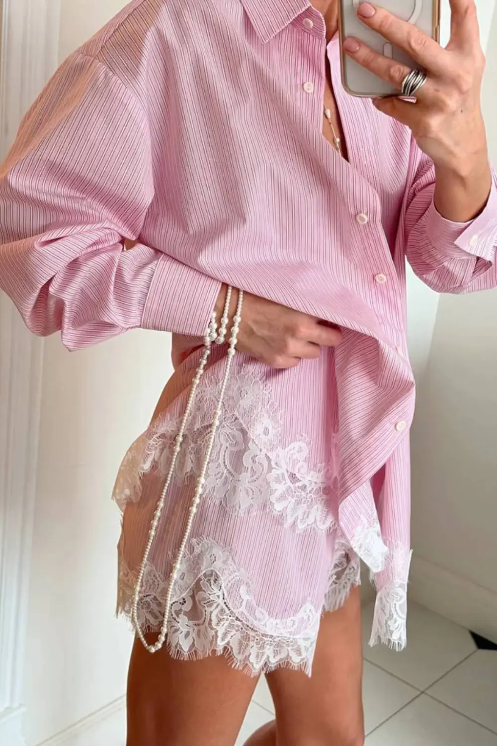 Emma Lapel Long-Sleeve Shirt & Lace-Paneled Shorts Set