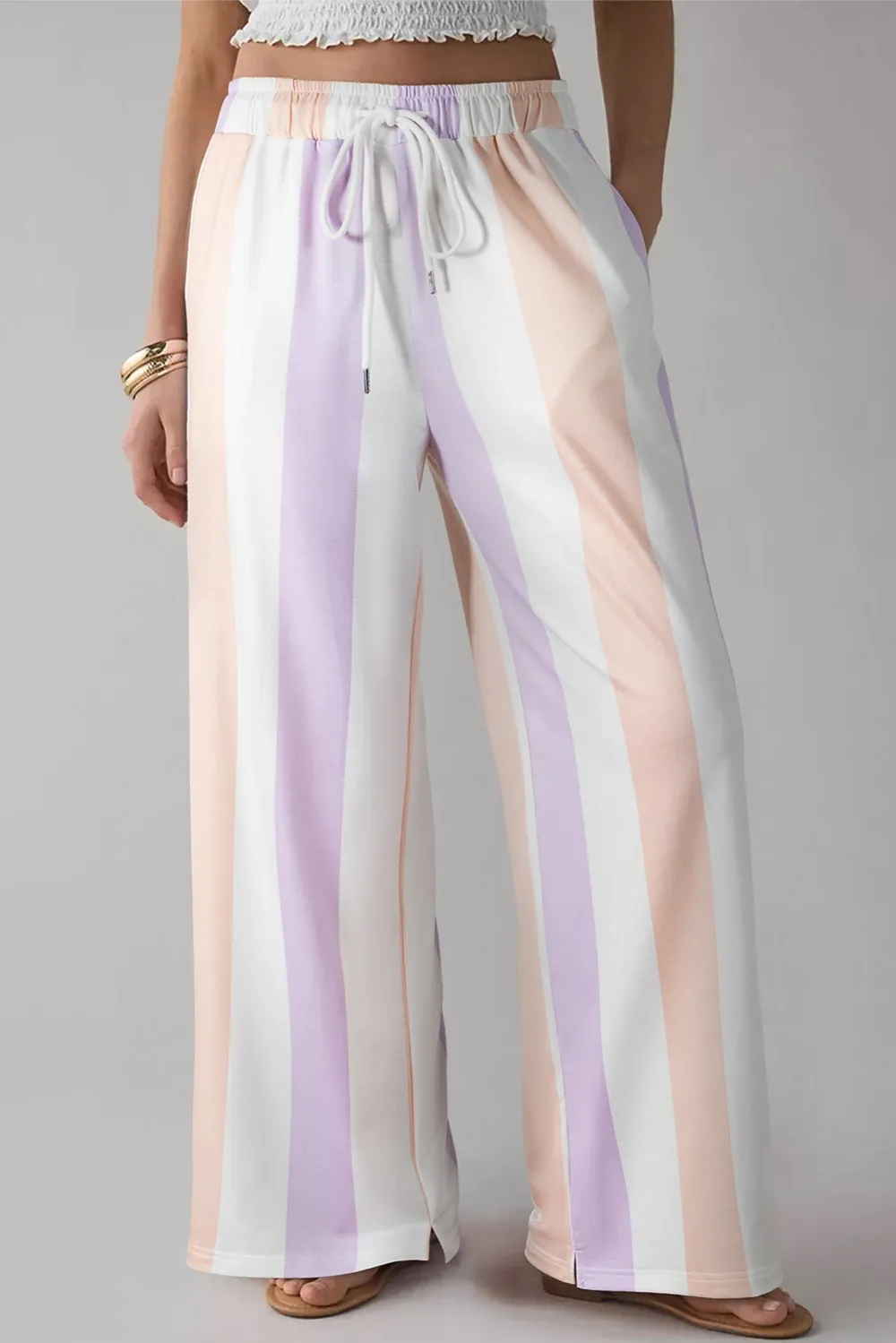 Striped High Waist Wide Leg Pocketed Casual Pants