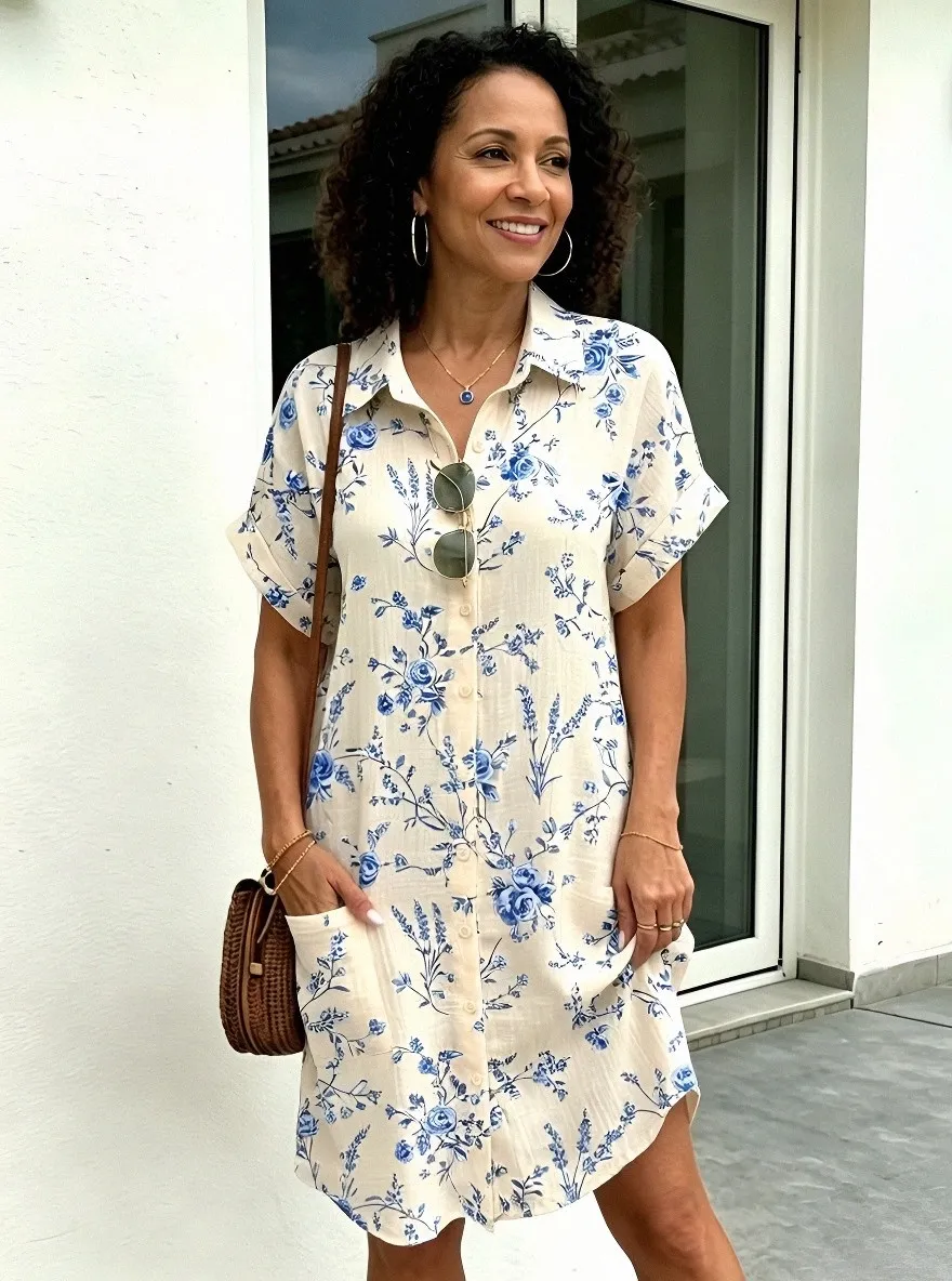 Women's Summer Vacation Blue Floral Olive Green Printed Shirt Dress