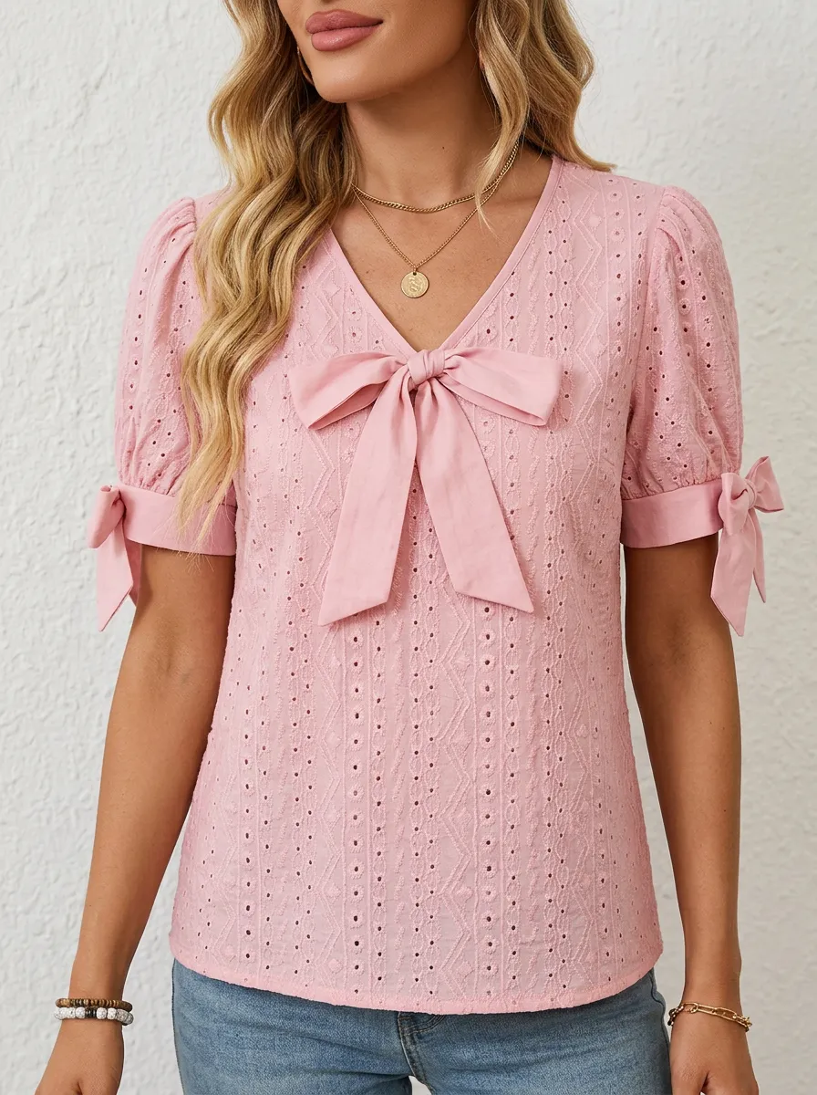 Women's V-neck Bow-detail Puff Sleeve Blouse