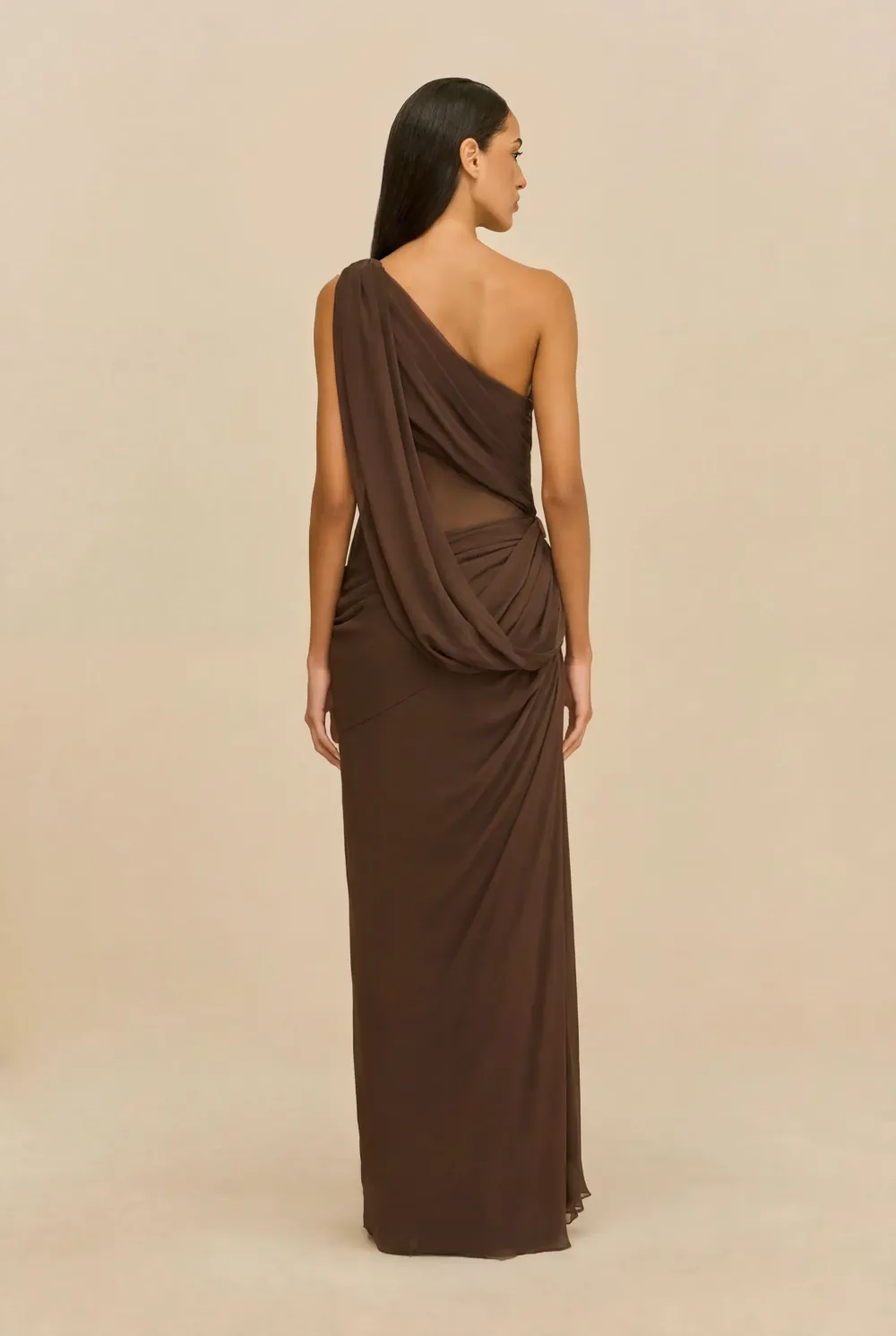 Alina Brown One Shoulder Ruched Maxi Dress