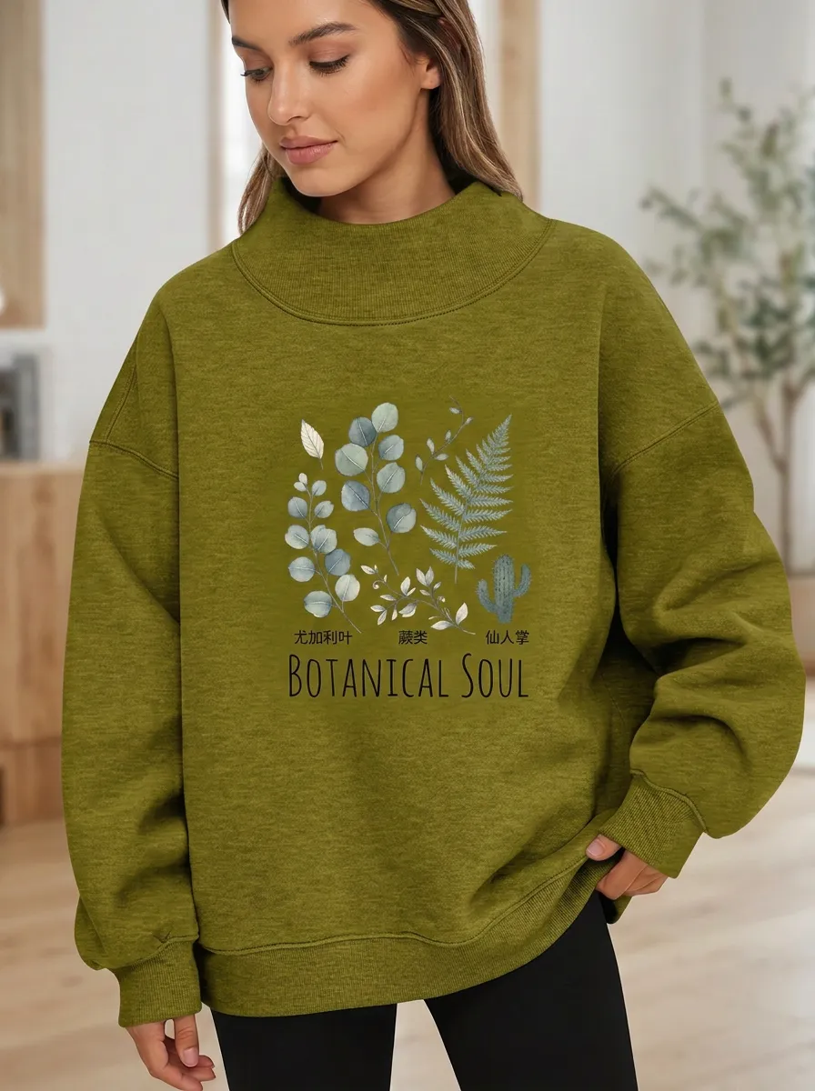 Botanical Soul Eucalyptus Fern Cactus Mock Neck Sweatshirt