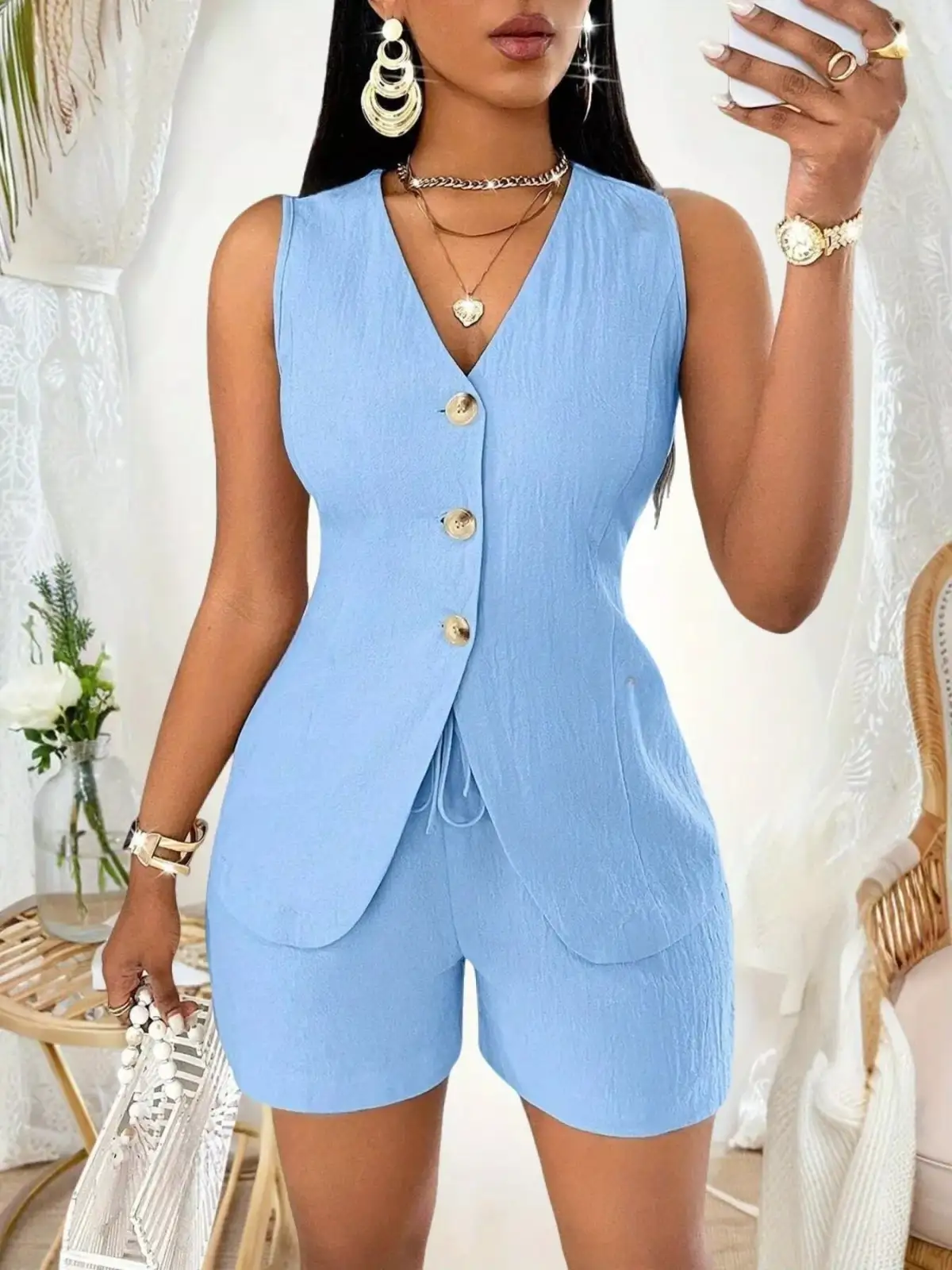 Drawstring Pocketed Vest and Shorts Matching Set