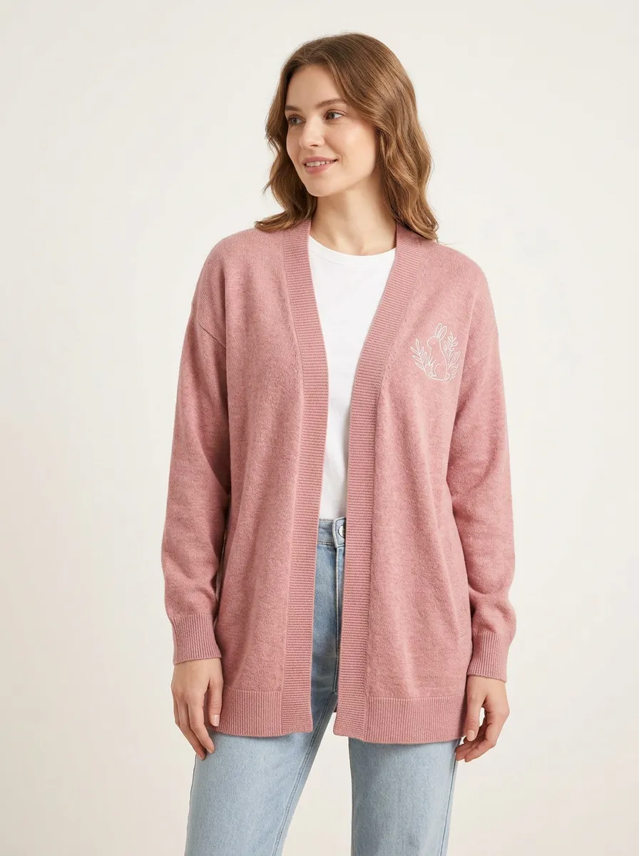 Pink Modern Rabbit Floral Embroidered Cardigan