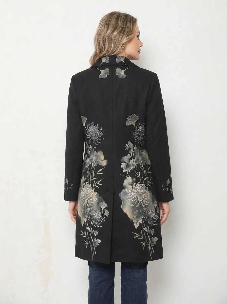 Women's Floral Art Chrysanthemum Ginkgo Printed Long Coat