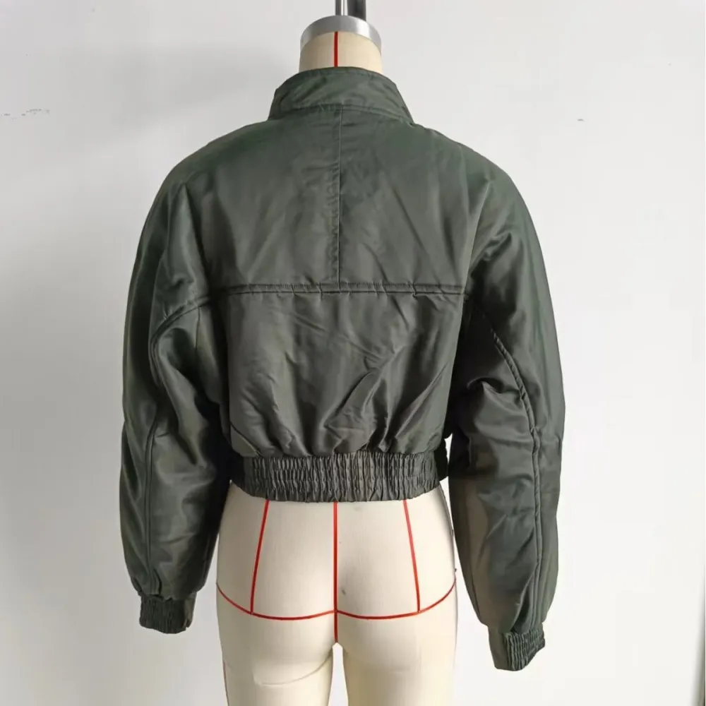 Cropped Quilted Stand Collar Flap Pocket Bomber Jacket