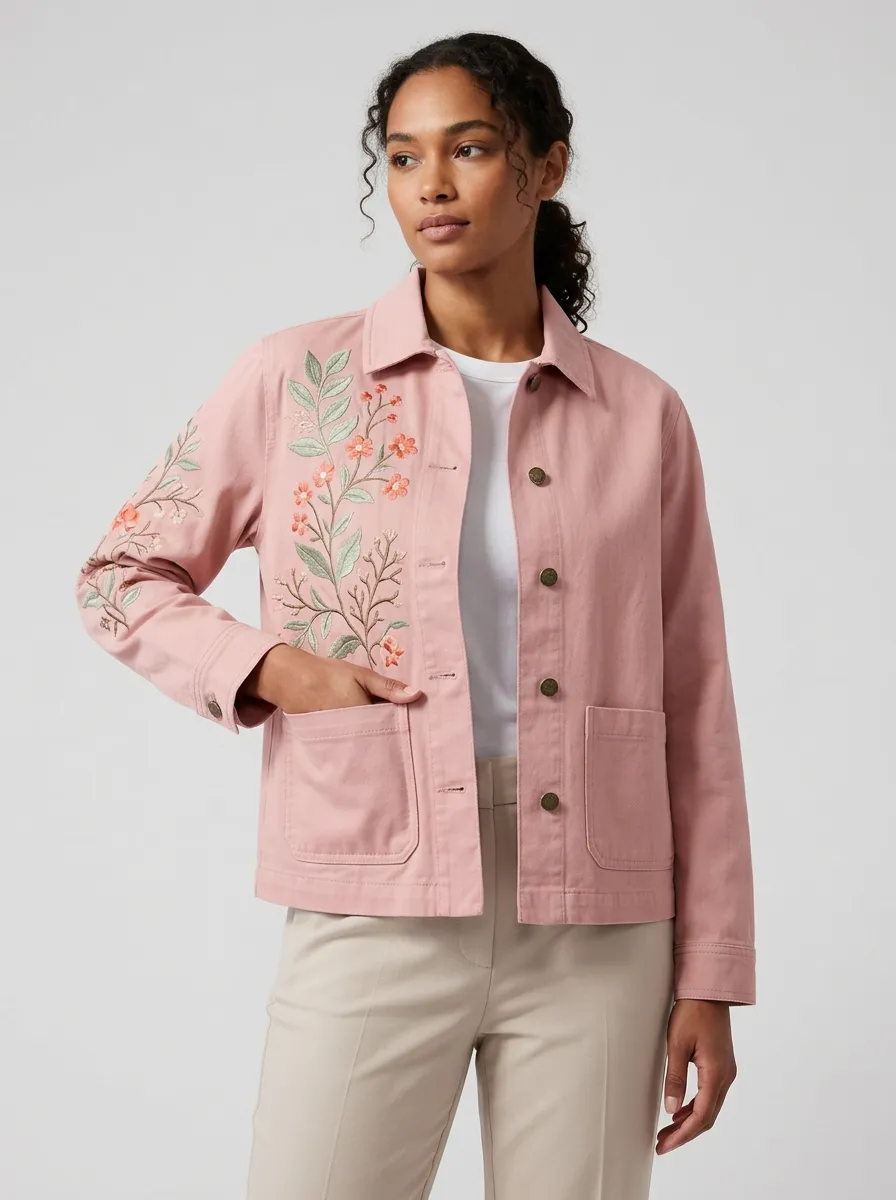 Women's Dusty Pink Floral Embroidered Utility Jacket