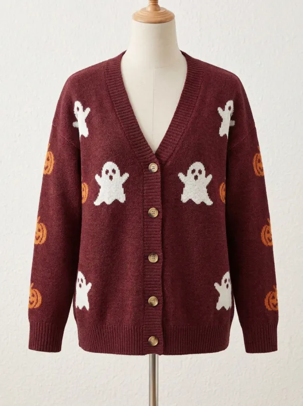 Women's Halloween Ghost Pumpkin Pattern Knitted Cardigan