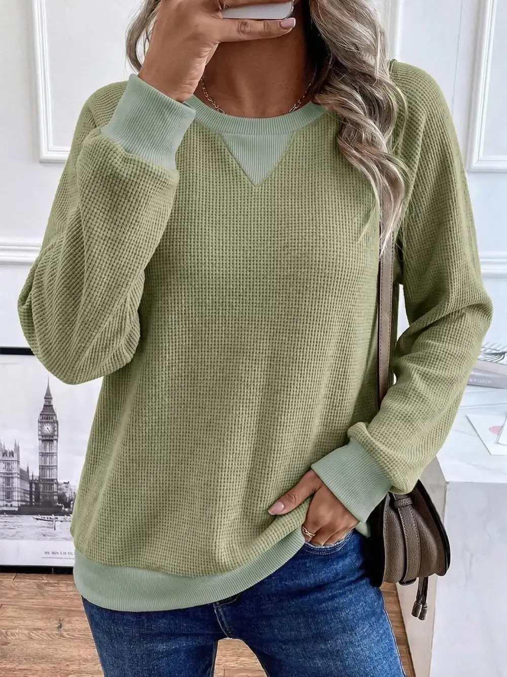 Crew Neck Waffle Knit Sweatshirt