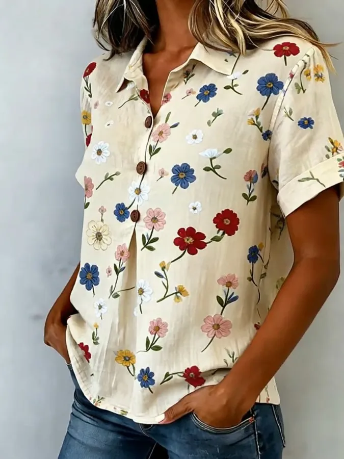 Women's Casual Short-Sleeve Positioning Print Cotton-Linen Top