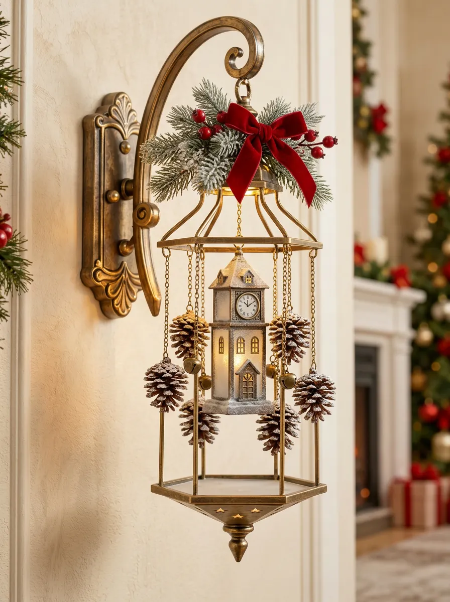 Clock Tower Pinecone Red Bow Christmas Wall Light