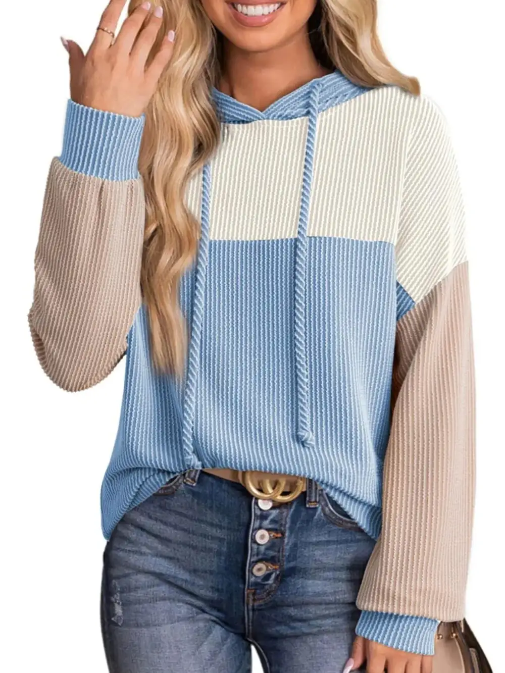 Relaxed Drawstring Long-Sleeve Colorblock Hoodie