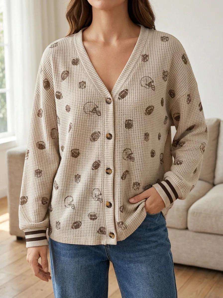 Women's Sideline Football Fan Helmet Pattern Printed Waffle Knit Cardigan