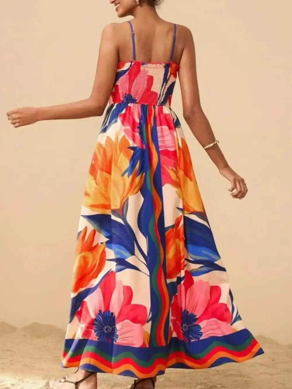 Smocked Spaghetti-Strap Printed Maxi Dress