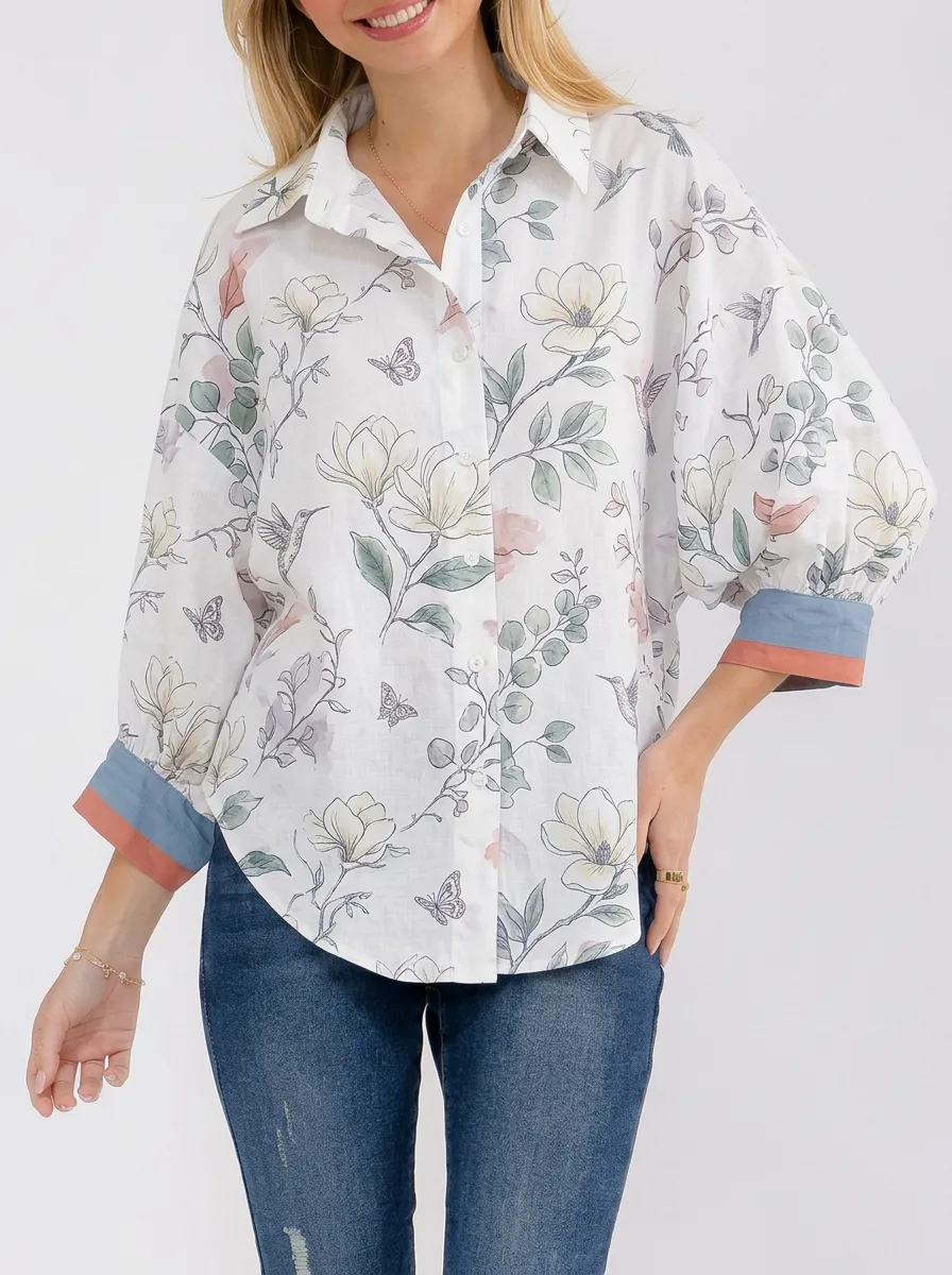 Women's Floral Hummingbird Butterfly Printed Button-Down Shirt