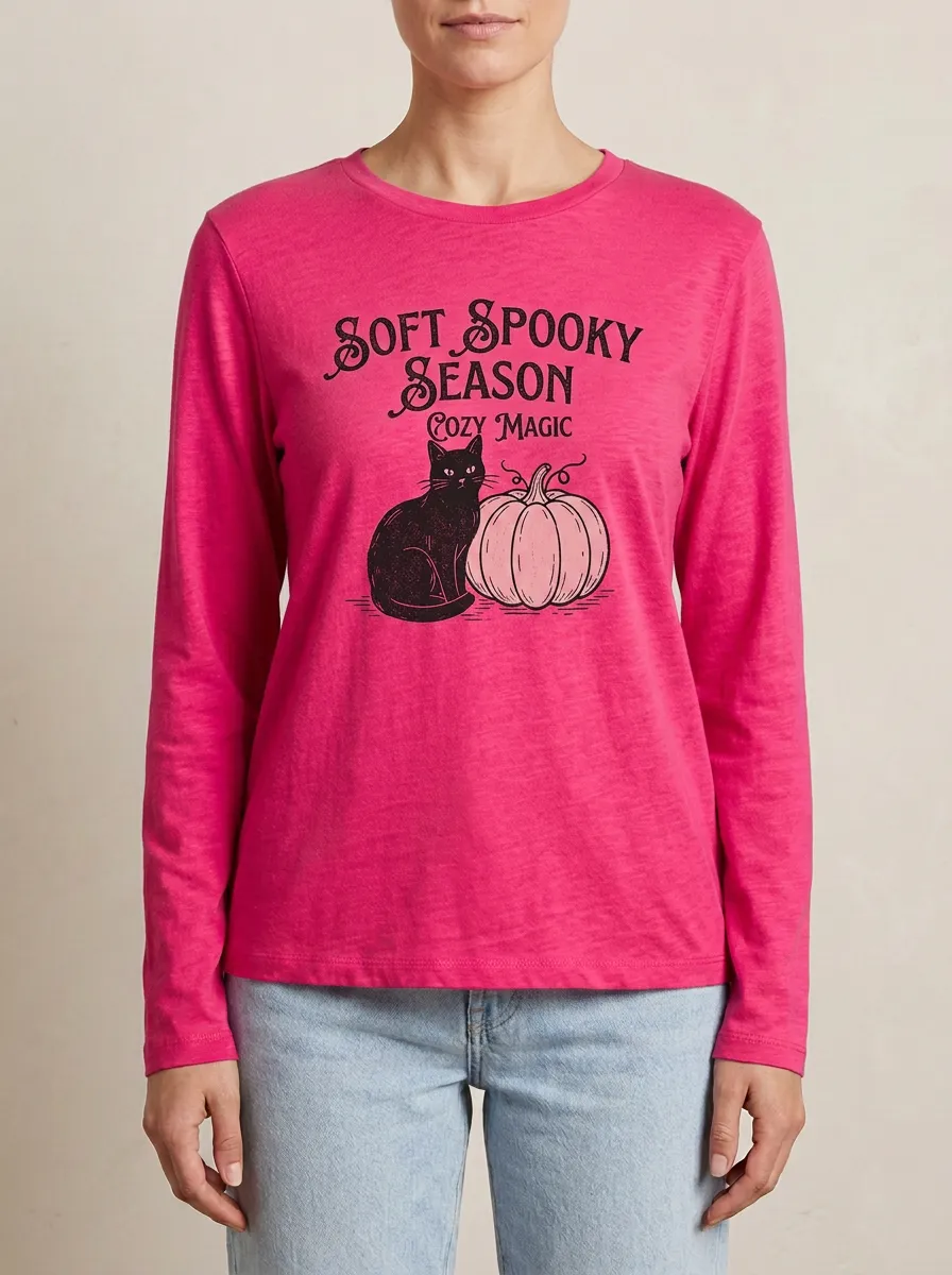 Festive Pumpkin Cat Halloween Cotton Linen Long Sleeve Top