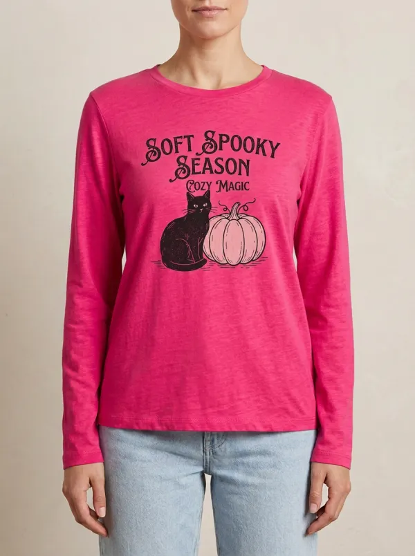 Festive Pumpkin Cat Halloween Cotton Linen Long Sleeve Top