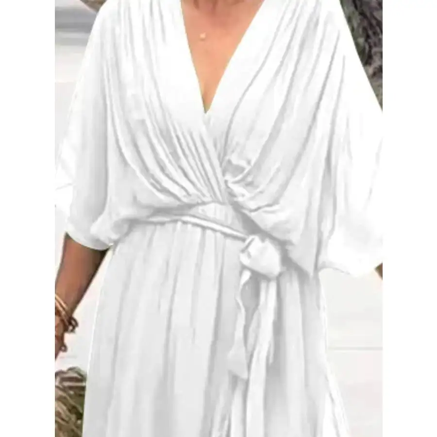 Full Size Flowy Tie Front Midi Dress with Flutter Sleeves Plus Size