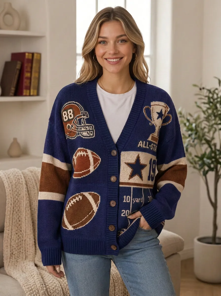 Women's Club Inspired Helmet Football Trophy Knitted Cardigan
