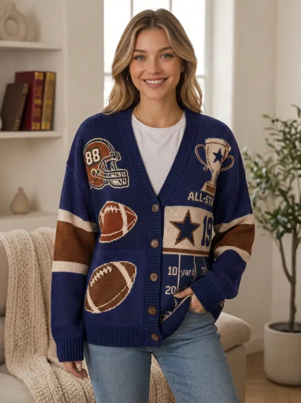 Women's Club Inspired Helmet Football Trophy Knitted Cardigan