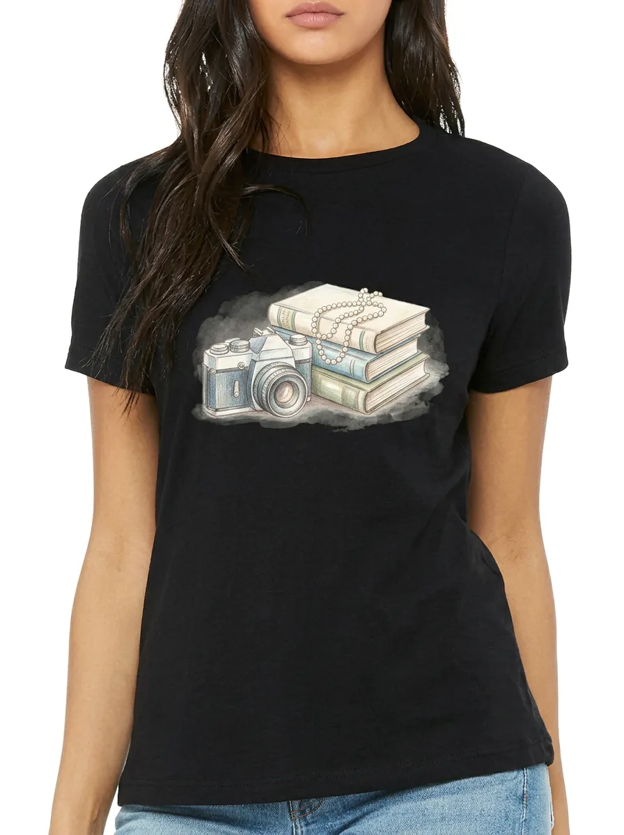Women's Photographer Book Lover Vintage Camera Printed T-shirt