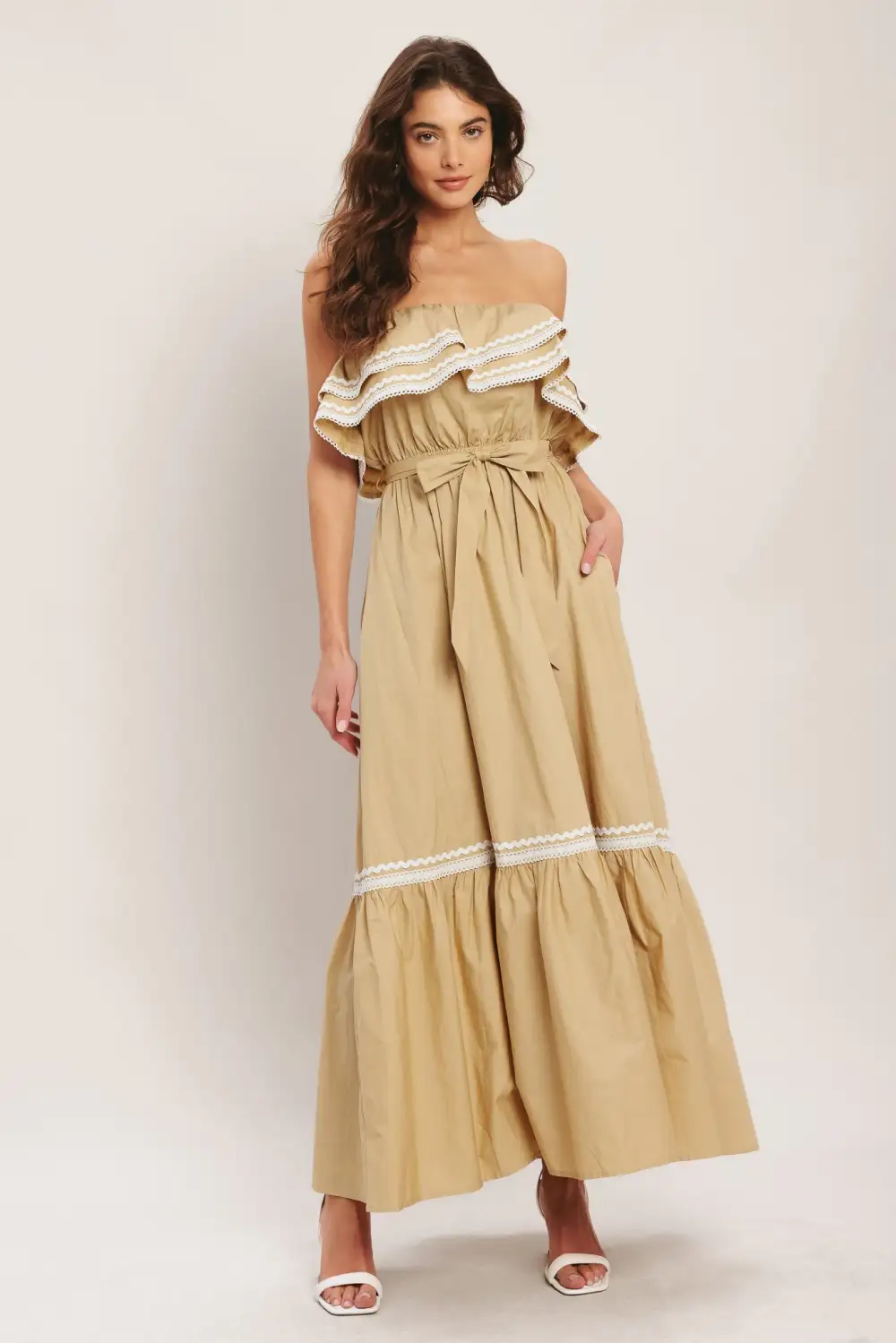 Ruffled Strapless Lace Maxi Dress