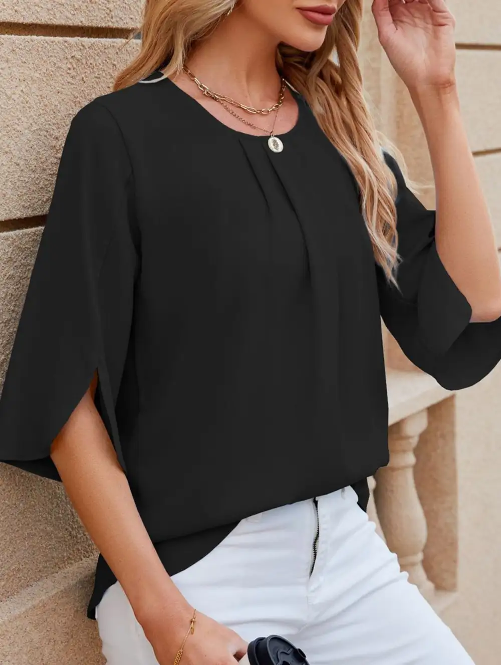 Chiffon Crew Neck Half Sleeve Blouse
