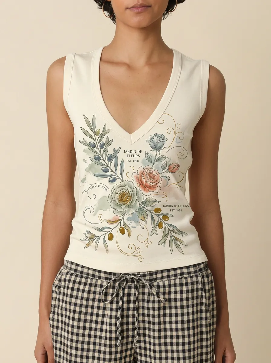 Women's Jardin De Fleurs Floral Olive Branch Printed Tank Top