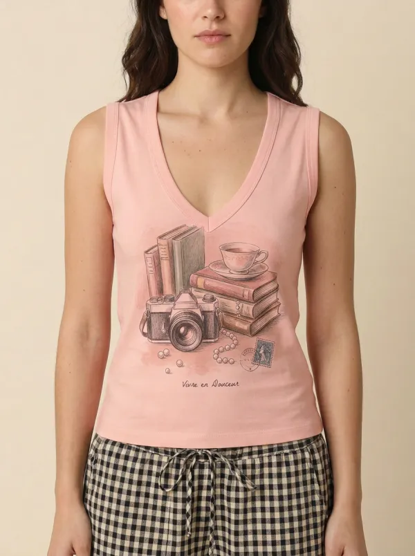 Women's Book Lover Camera Tea Printed V-neck Tank Top