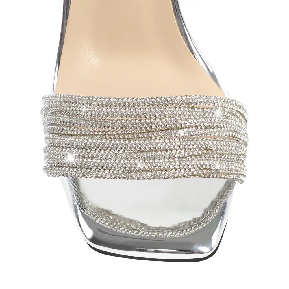 Strap Rhinestone Clear Chunky Heel Lace Up Sandals