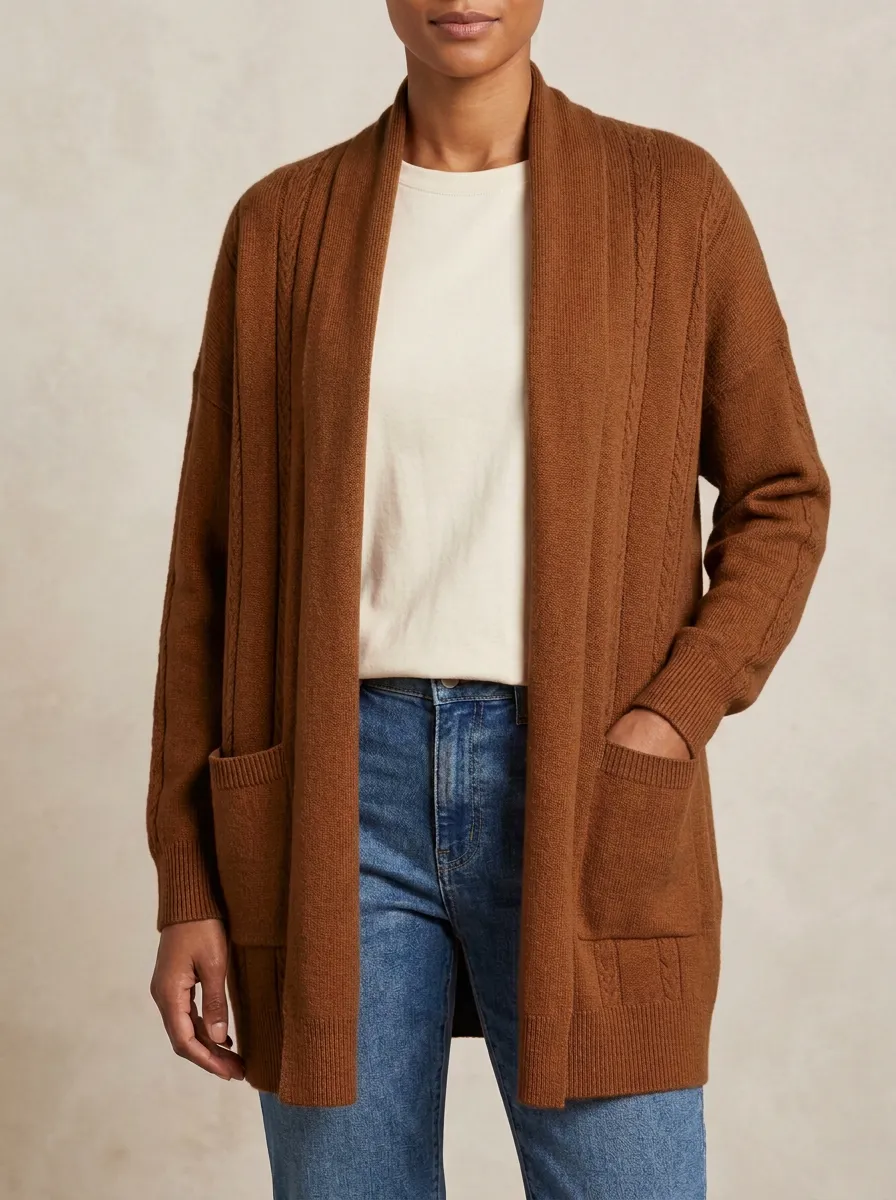 Cable-Knit Open-Front Knit Cardigan
