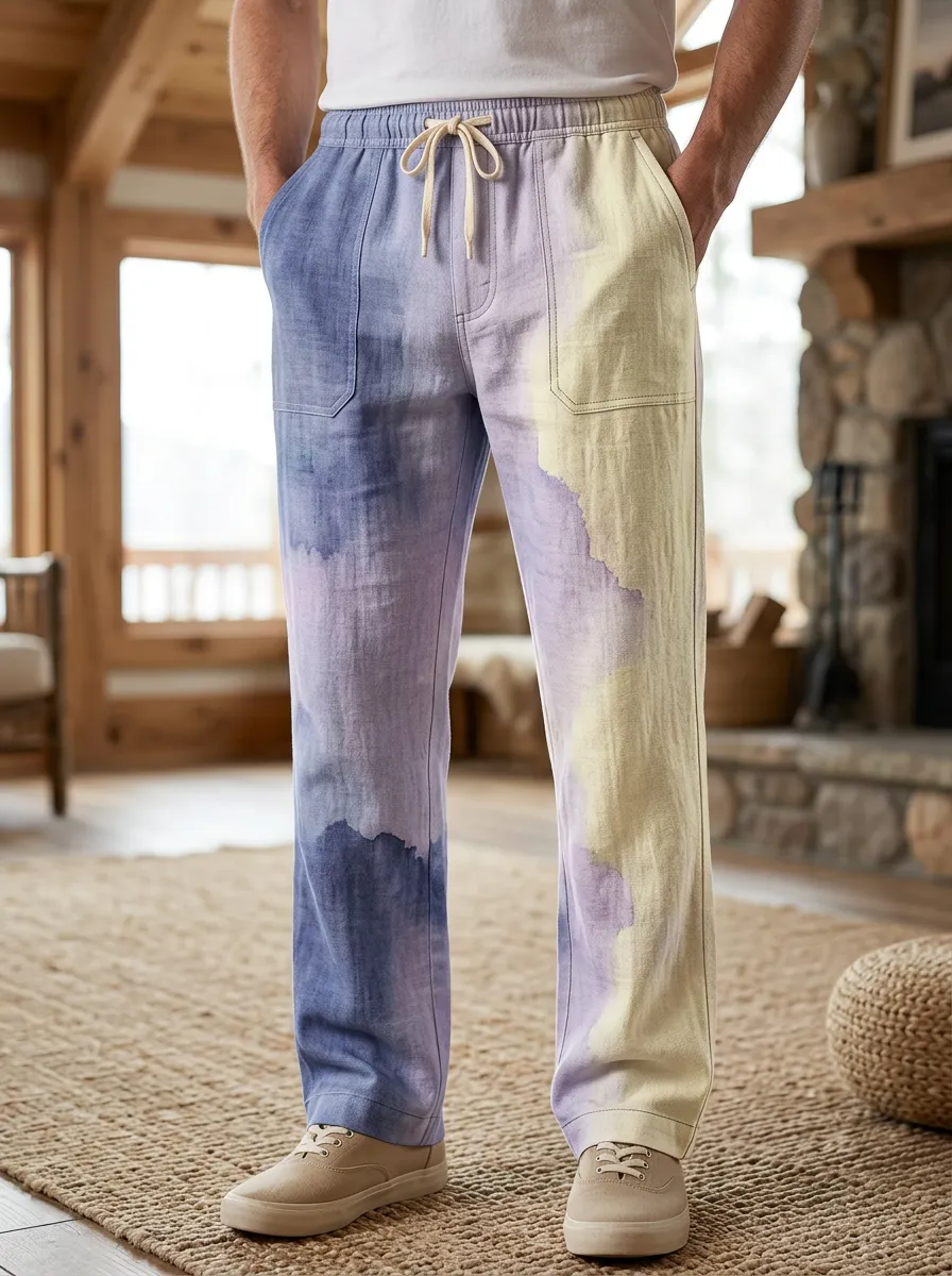 Men's Casual Watercolor Tie-Dye Printed Linen Pants