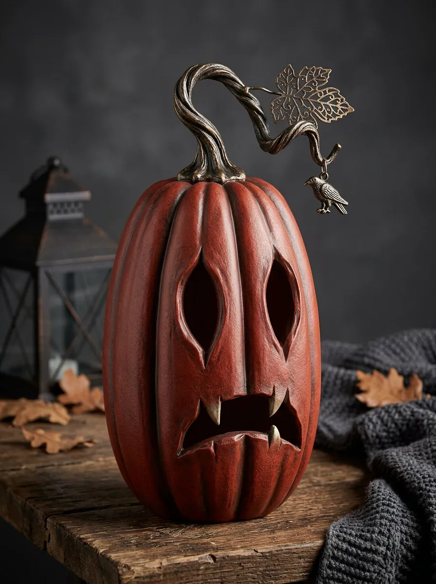 Halloween Spooky Pumpkin Raven Leaf Carved Resin Ornament