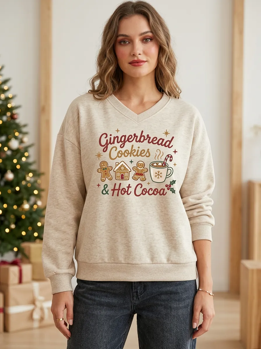 Festive Christmas Gingerbread Cookies Hot Cocoa Print Sweatshirt