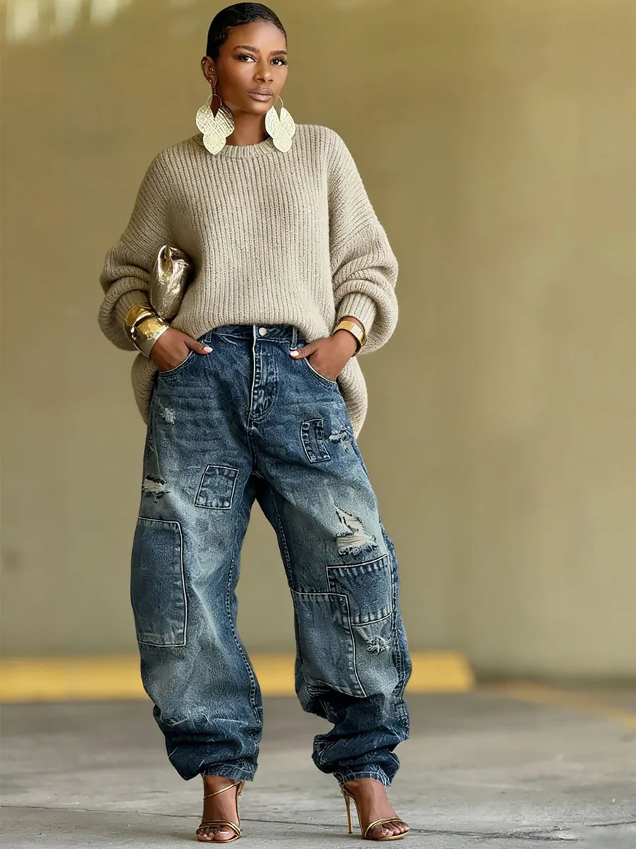 Charis Distressed Patchwork Denim Jeans