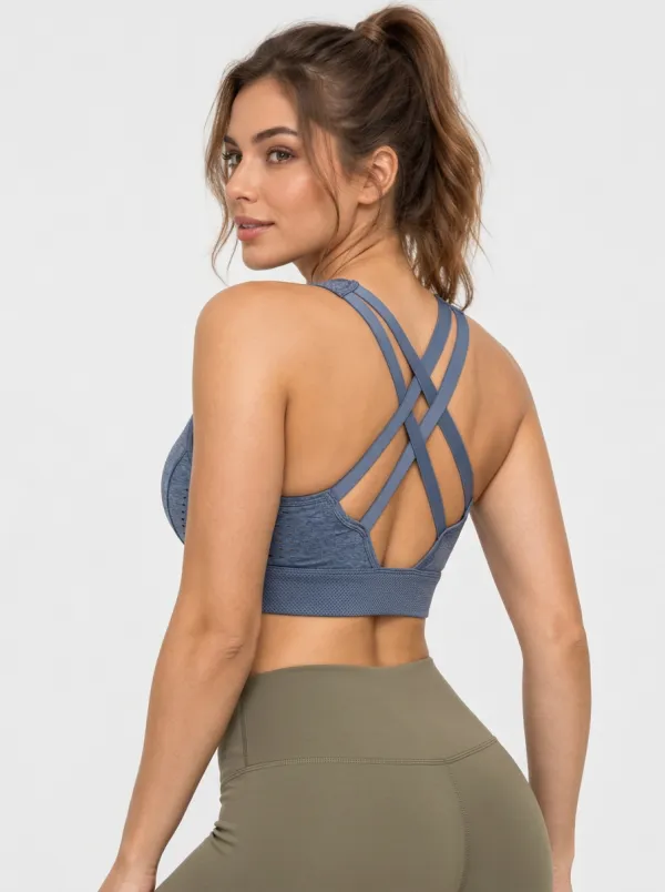 Women's Cross Back Sports Bra with Blue Printed Detail