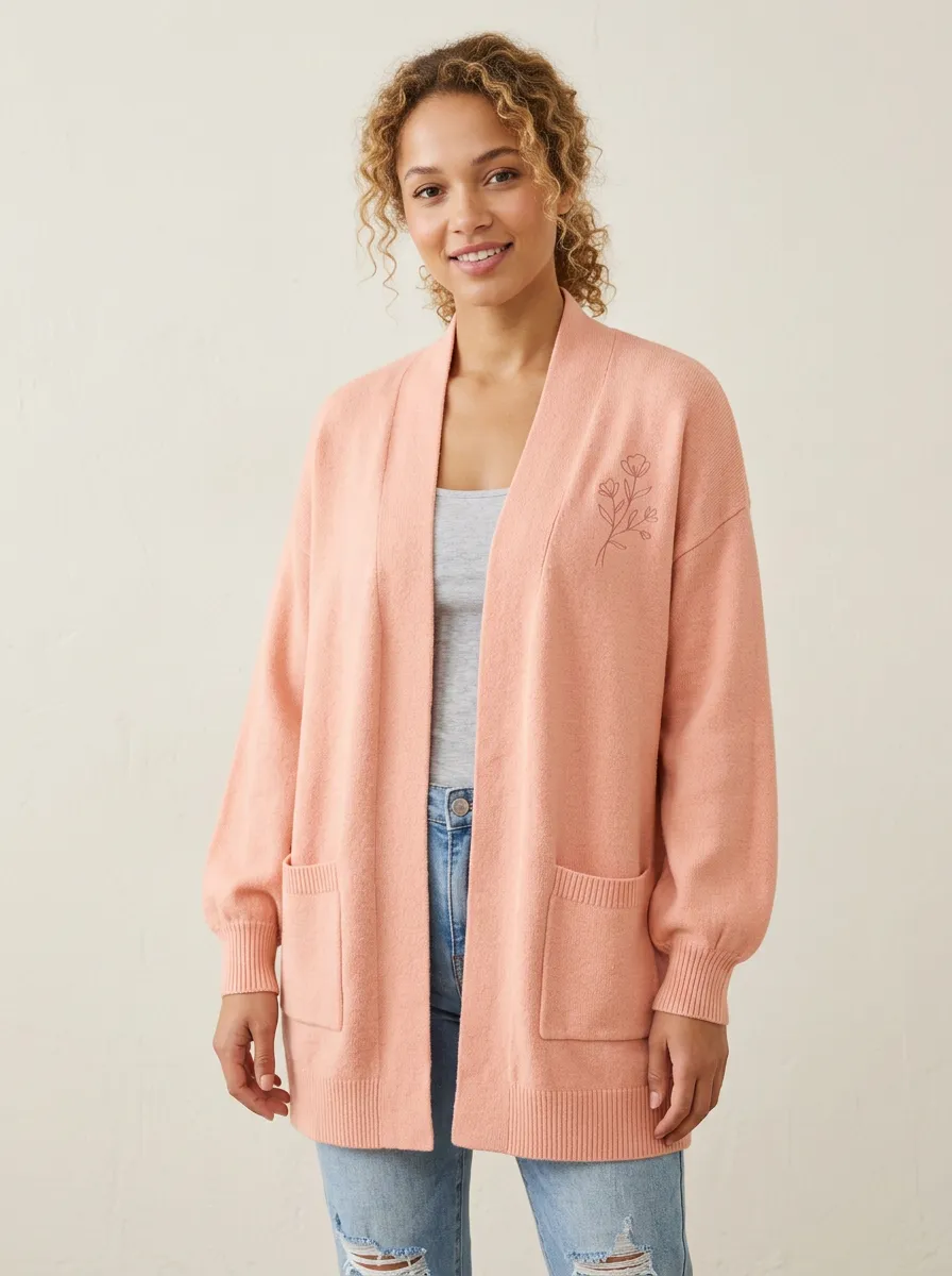 Women's Minimalist Floral Pink Printed Casual Cardigan