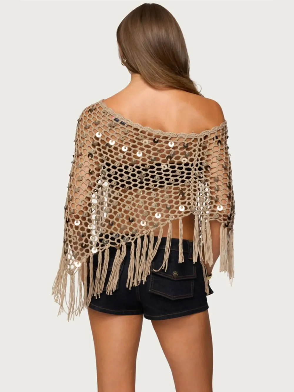 Sienna Beige Fishnet Crochet Fringe Poncho Cover Up