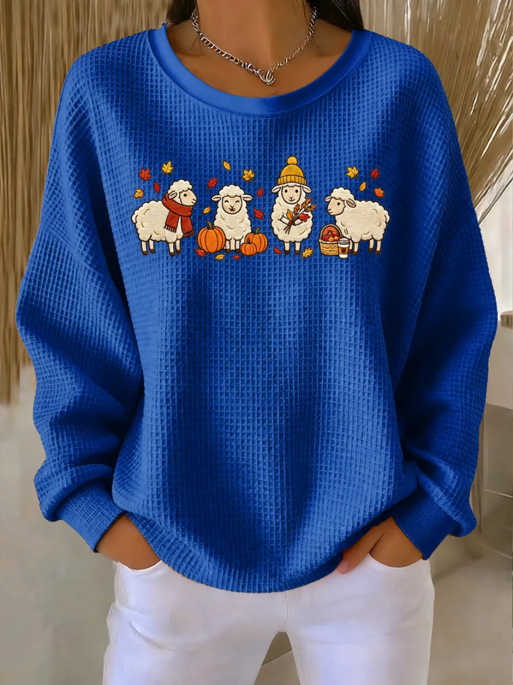 Women'S Autumn Sheep Pumpkin Printed Waffle Casual Sweatshirt