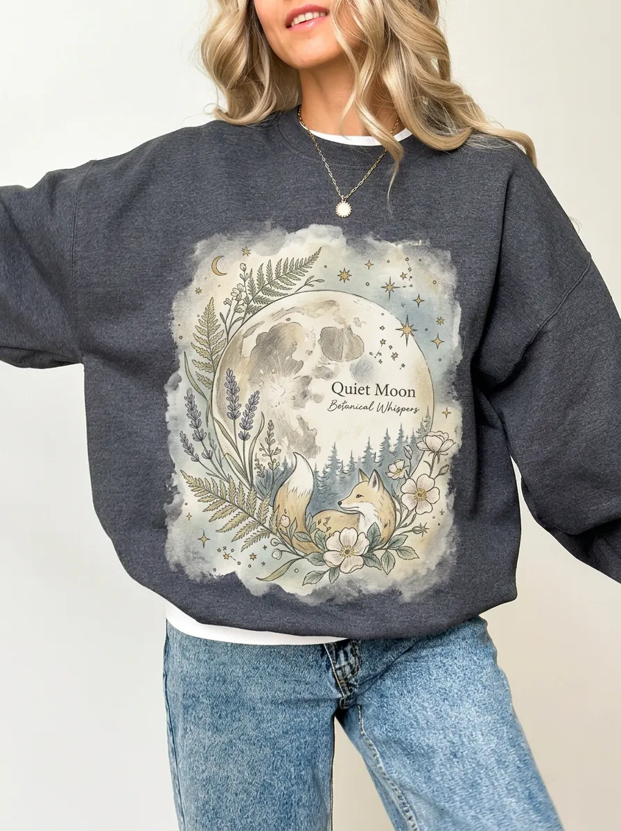 Women's Nature Lover Quiet Moon Fox Botanical Printed Sweatshirt