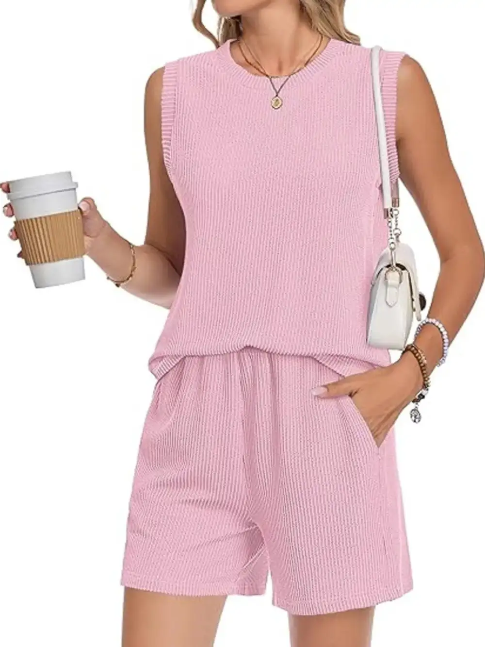 Casual Ribbed Knit Sleeveless Top Shorts Set