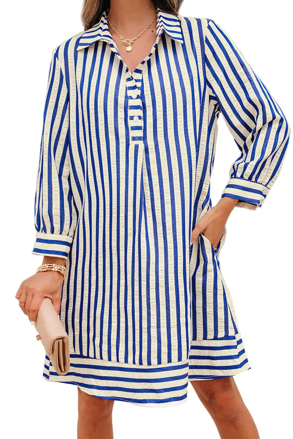 Striped Half Button Pocketed Mini Dress