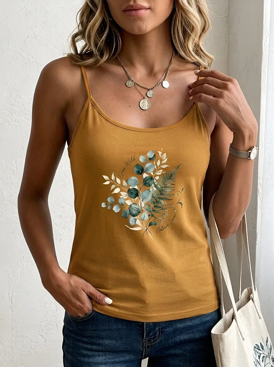 Women's Nature Lover Fern Leaf Botanical Printed Ribbed Tank Top
