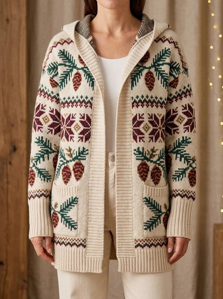 Festive Christmas Pinecone Snowflake Pattern Print Hooded Cardigan