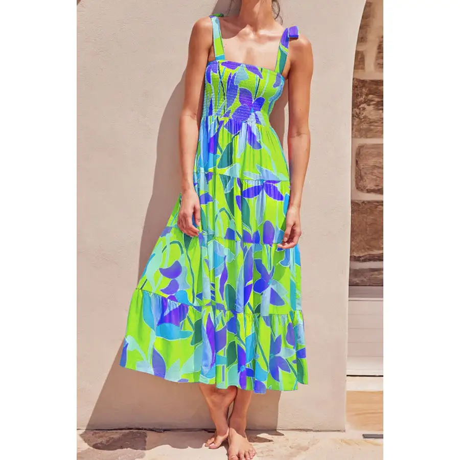 Tie-Shoulder Smocked Midi Dress
