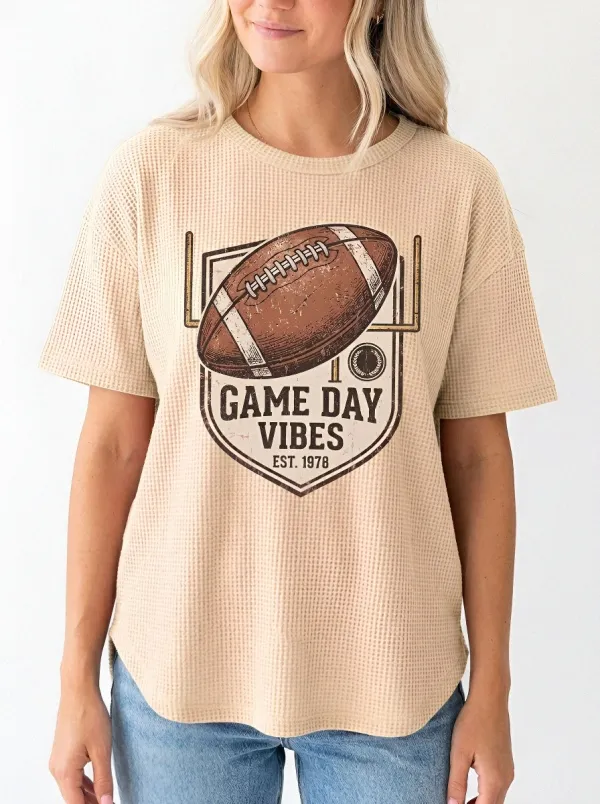 Women's Football Game Day Vibes Shield Printed Waffle T-Shirt