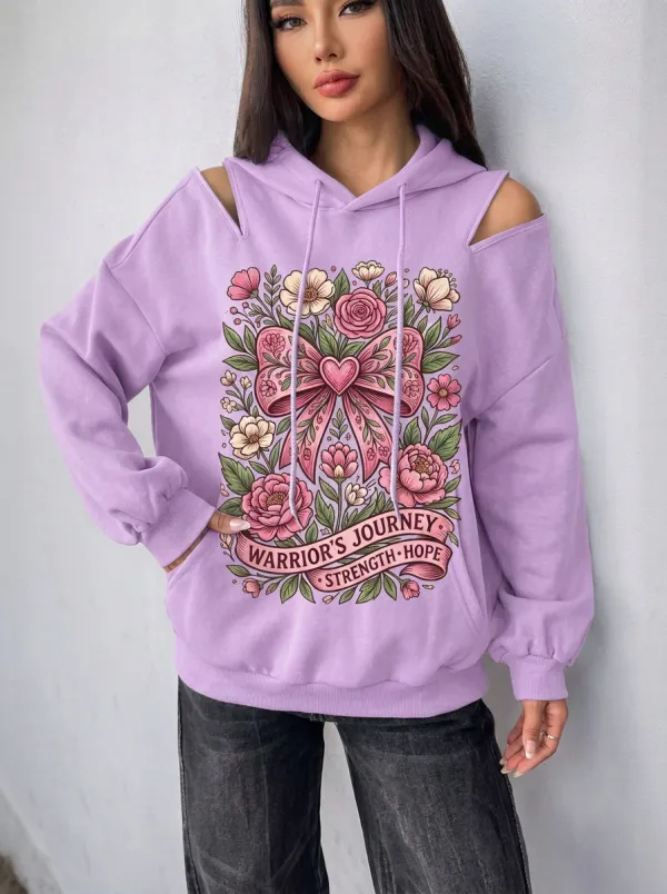 Women's Breast Cancer Warrior Floral Bow Printed Cold Shoulder Hoodie