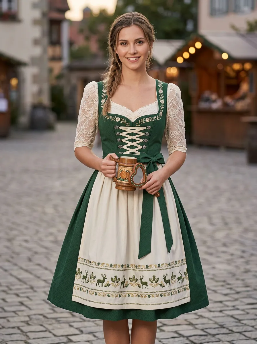Floral Embroidered Lace Blouse Traditional Women's Bavarian Oktoberfest Dirndl Dress