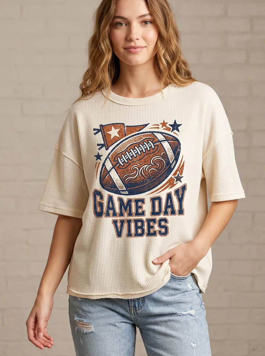 Women's Football Game Day Vibes Star Printed Waffle Knit T-Shirt