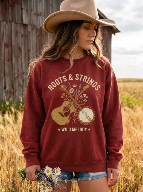 Country Music Roots and Strings Guitar Floral Crew Neck Sweatshirt